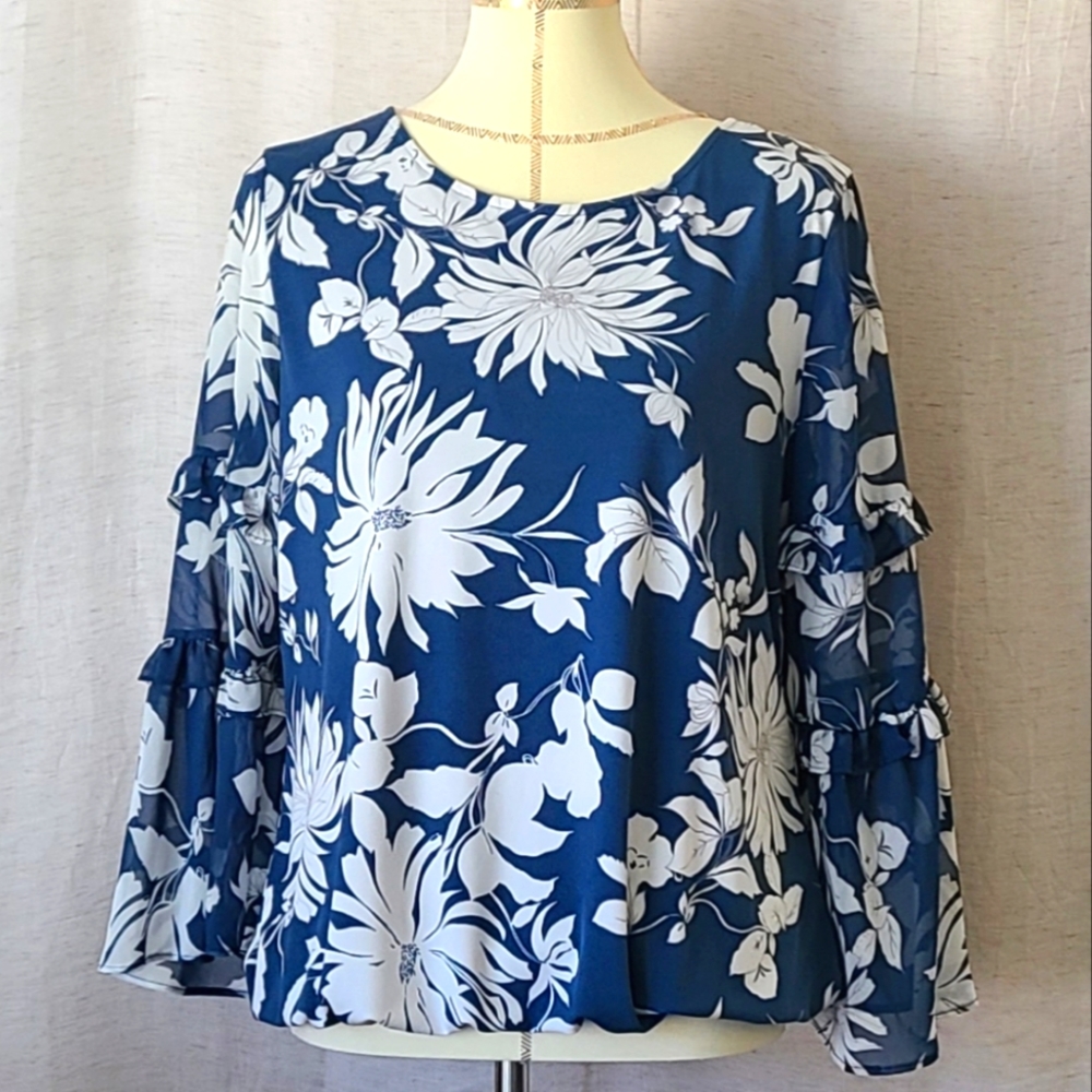 Women Alfani Leaf Blouse/ Blouson, Blue, long sleeve with ruffle details